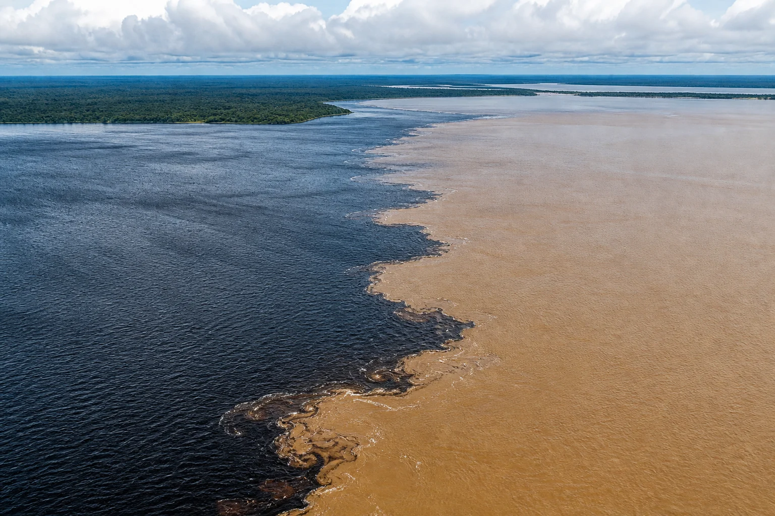 Тёмная вода Риу-Негру рядом со светлой водой Солимойнс