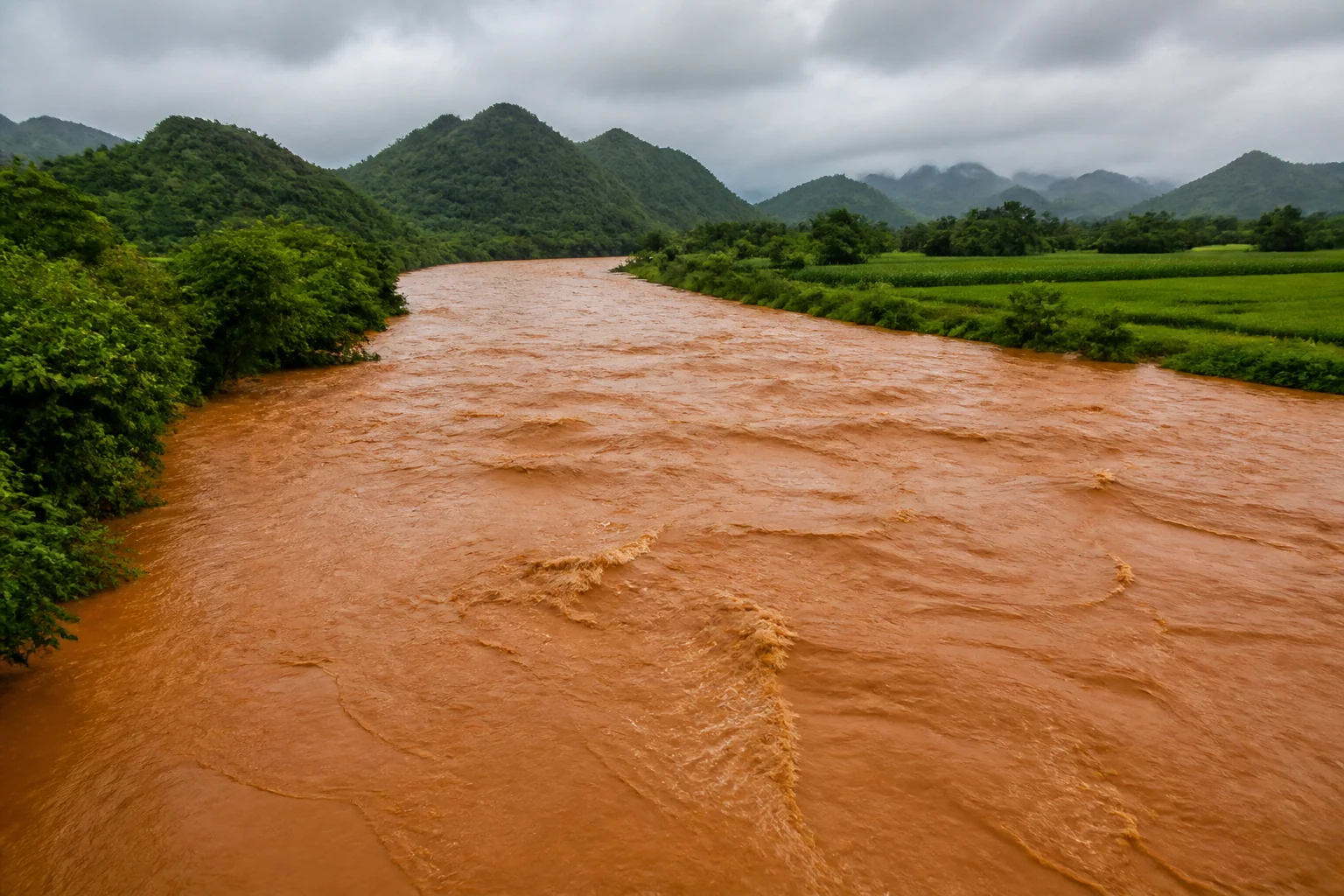 Красно-коричневая вода реки Хонгха во Вьетнаме