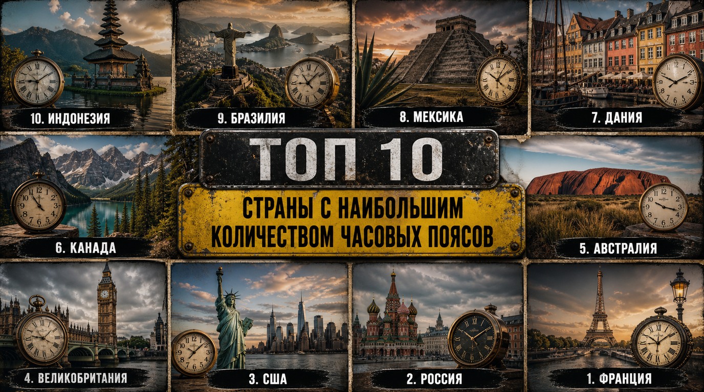 Топ 10 стран с наибольшим количеством часовых поясов