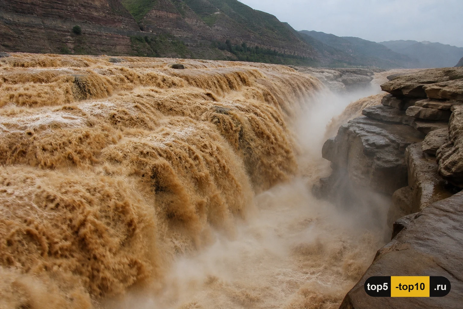 Мутные воды Хуанхэ падают в узкое ущелье Хукоу