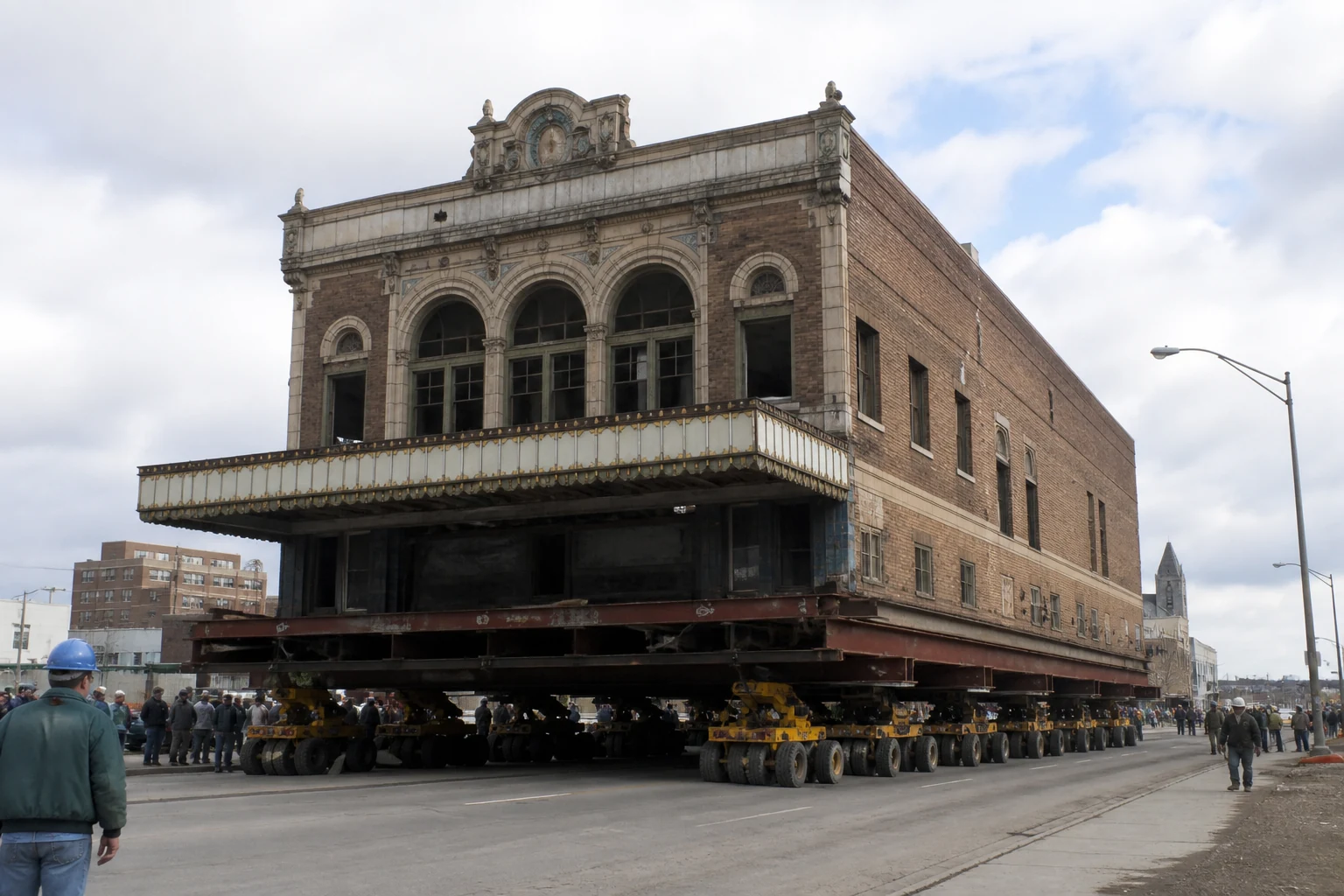 Перевозка здания Gem Theatre по улицам Детройта