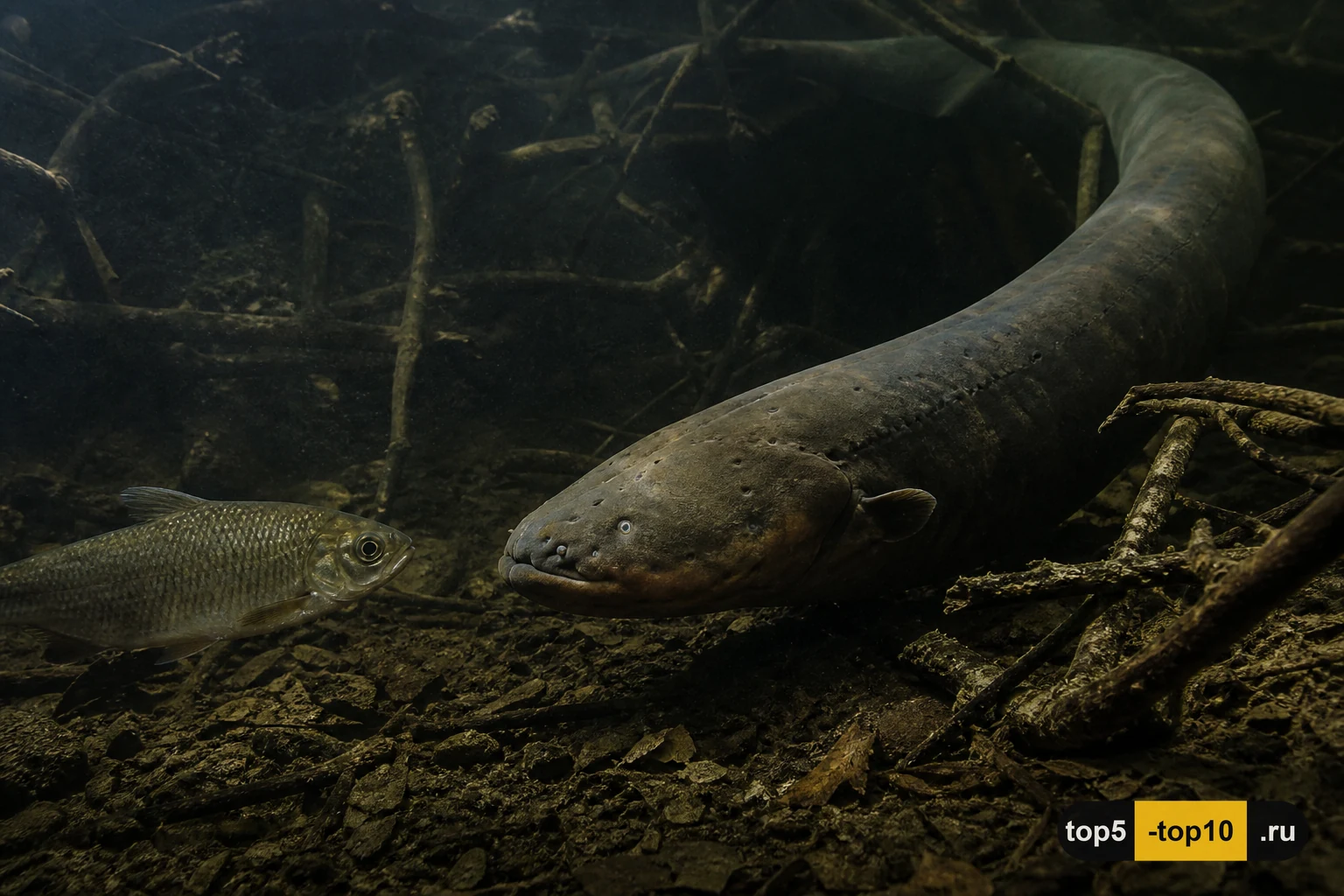 Крупный электрический угорь в тёмной амазонской воде