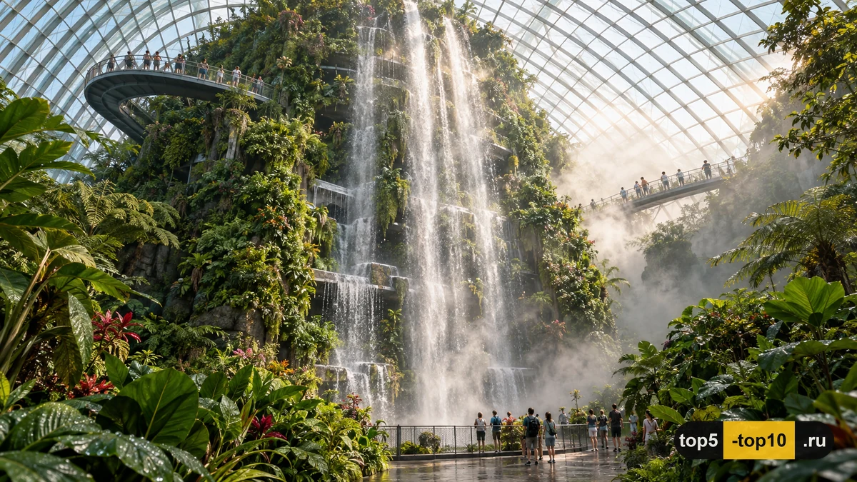 Singapore Gardens by the Bay Cloud Forest conservatory waterfall mist mountain