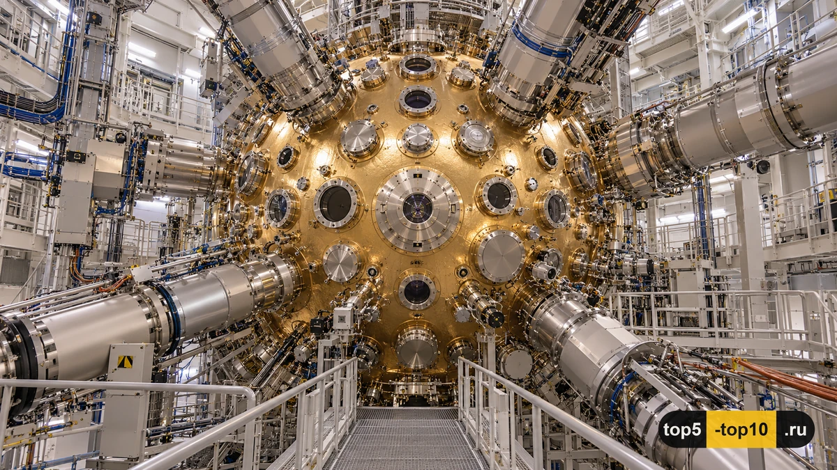 Сферическая мишенная камера и 192 лазерных канала комплекса NIF в Калифорнии