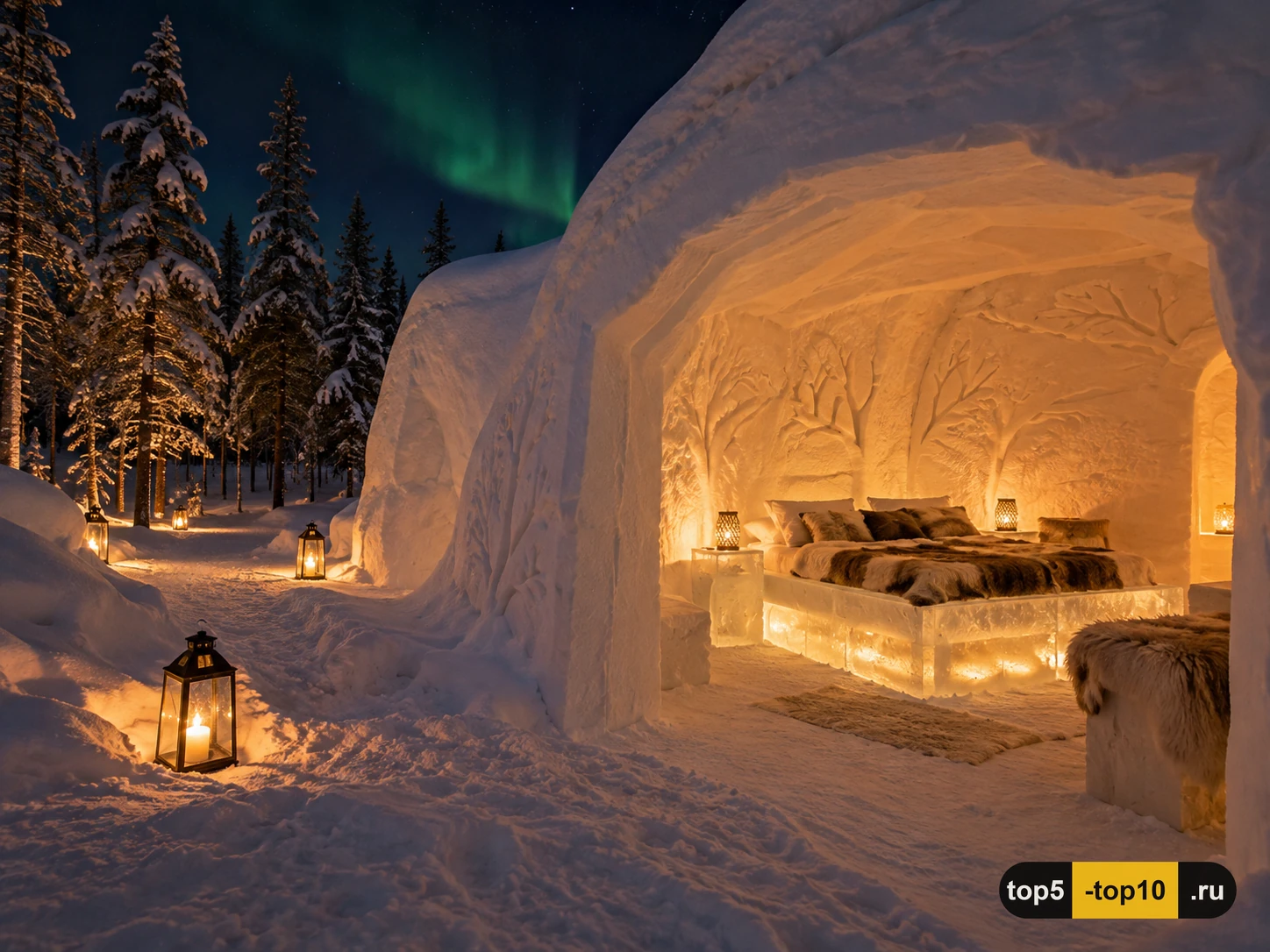 Арочный снежный коридор Arctic SnowHotel с резными ледяными номерами