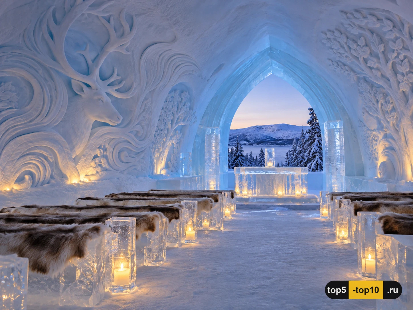 Снежный интерьер Sorrisniva Igloo Hotel с ледяной часовней и скульптурами