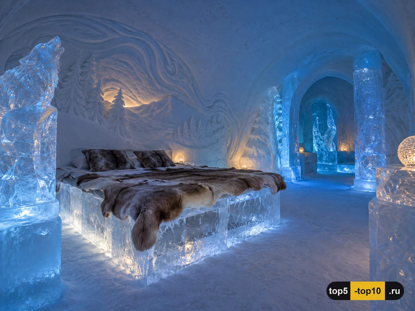 Круглогодичный снежный номер Snowhotel 365 в Киркенесе с мягкой подсветкой