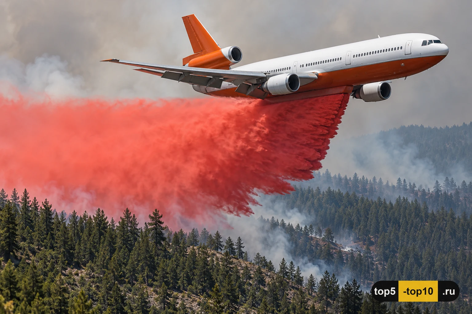 Широкофюзеляжный DC-10 выпускает длинную полосу огнезадерживающего состава