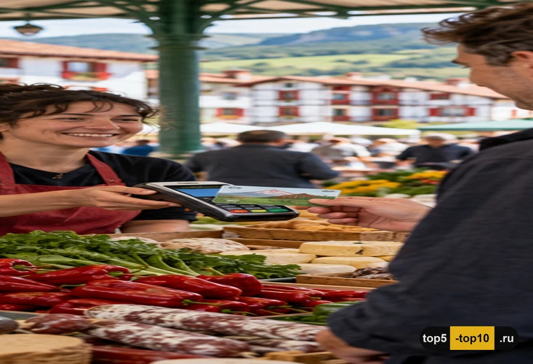 Покупатель расплачивается местной картой за продукты на рыночном прилавке Страны Басков