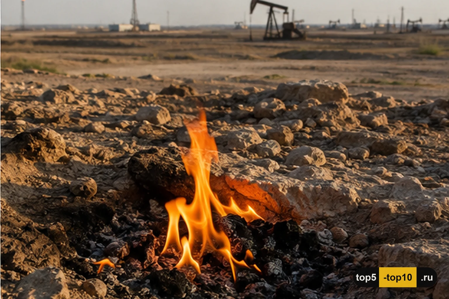 Природные языки огня среди камней нефтяного района Баба-Гургур