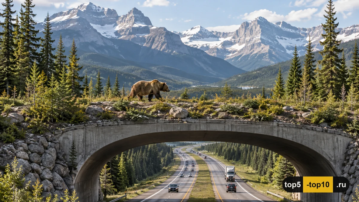 Banff Canada wildlife overpass forested Rocky Mountains grizzly bear crossing