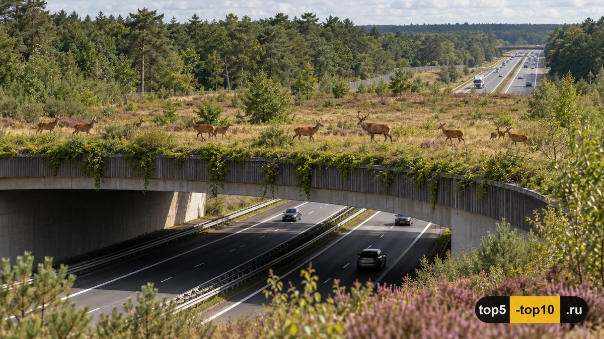 Netherlands Woeste Hoeve ecoduct above motorway with red deer shrubs