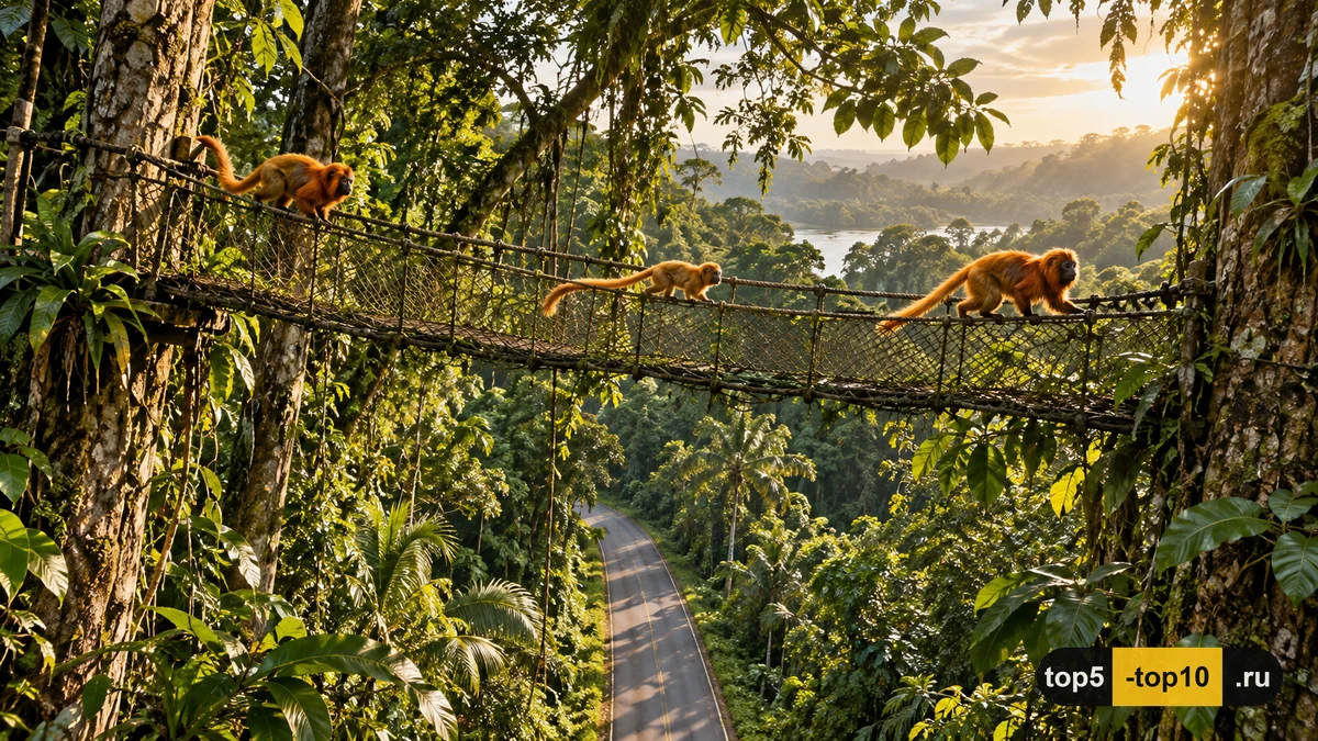 Amazon rainforest canopy bridge monkeys arboreal wildlife crossing road