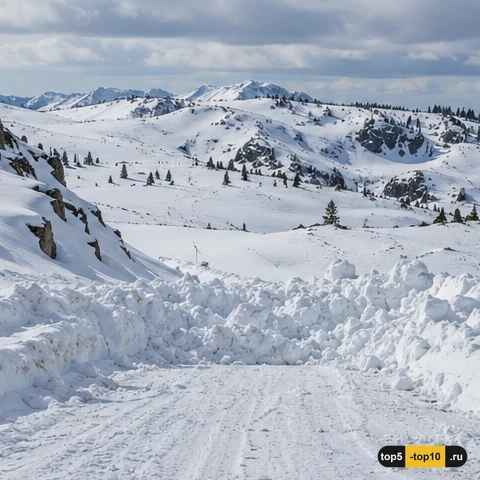 Иллюстрация закрытого снегом высокогорного участка шоссе WY 130 в хребте Snowy Range