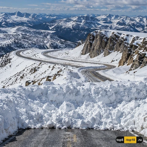 Иллюстрация извилистой дороги Beartooth Highway под снежными вершинами Монтаны и Вайоминга