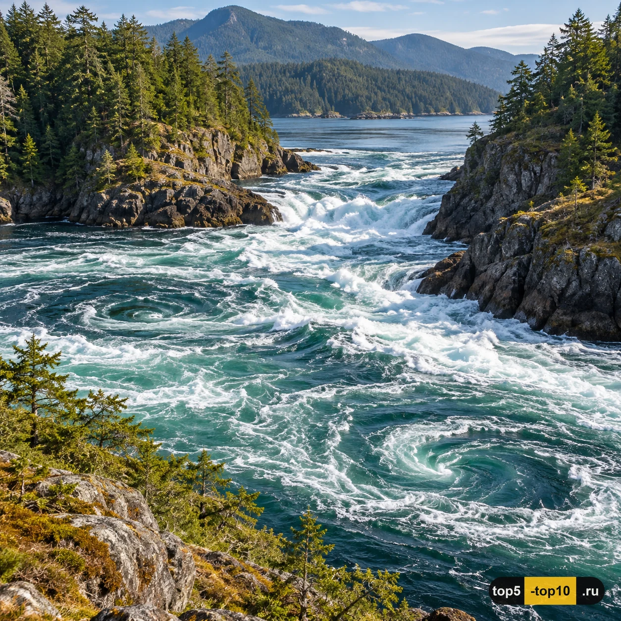 Иллюстративная реконструкция приливных бурунов и водоворотов в Skookumchuck Narrows