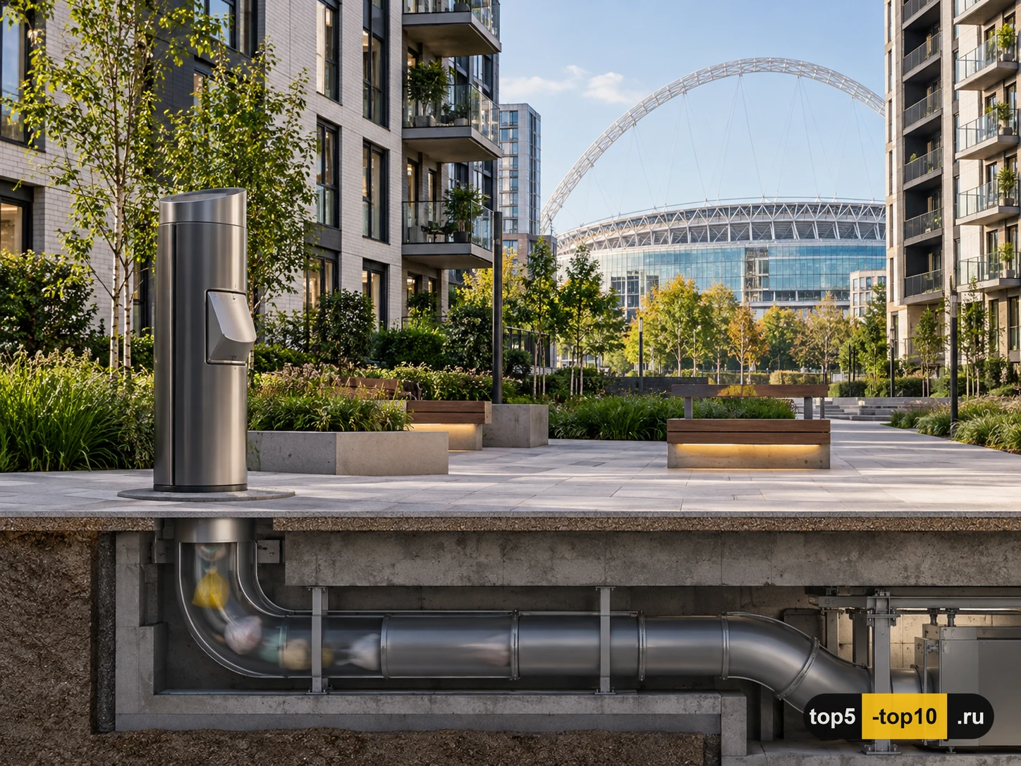 Новые жилые дома Wembley Park с уличными точками приёма отходов и подземными трубами
