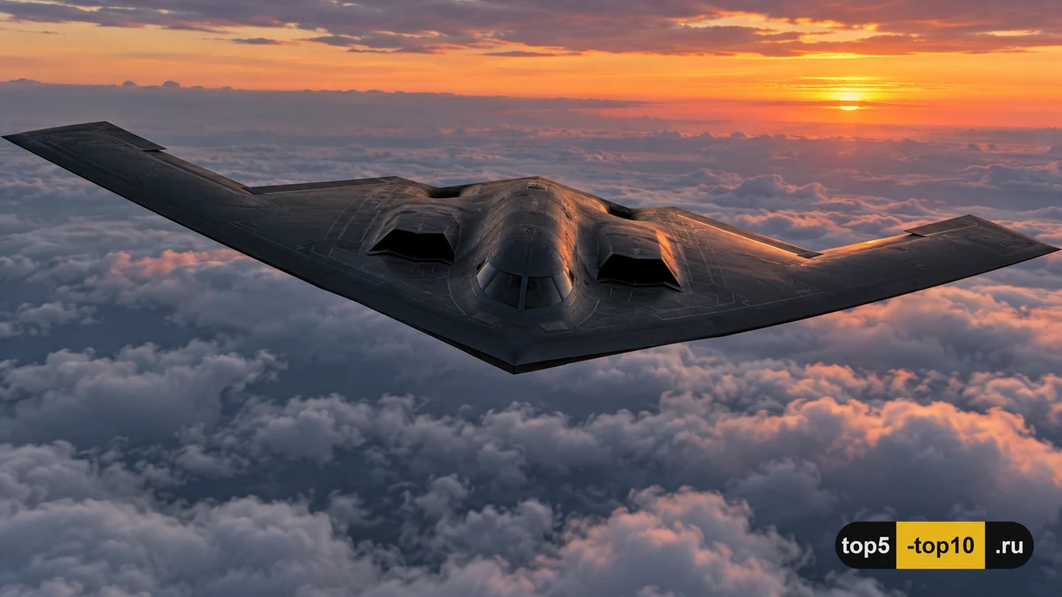 Стелс-бомбардировщик B-2 Spirit летит на закате над облаками