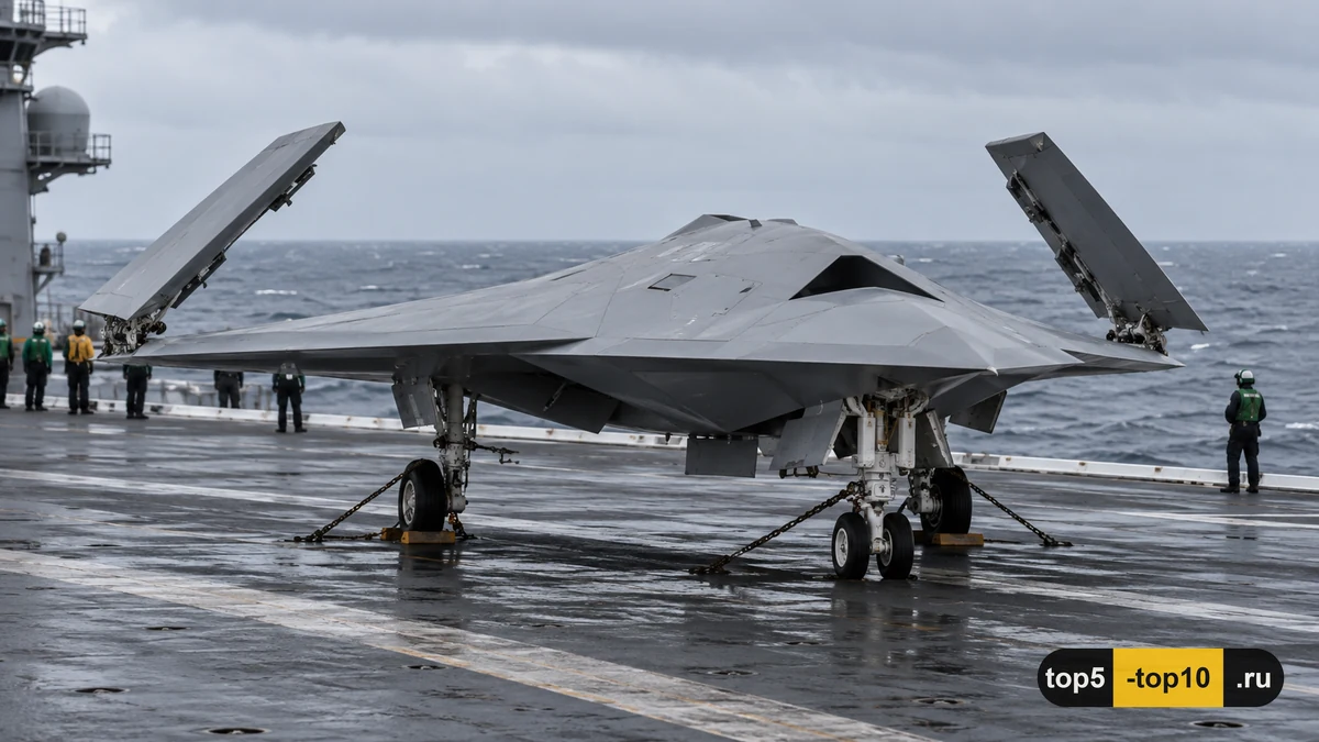 Беспилотный демонстратор X-47B на палубе авианосца с поднятыми законцовками крыла