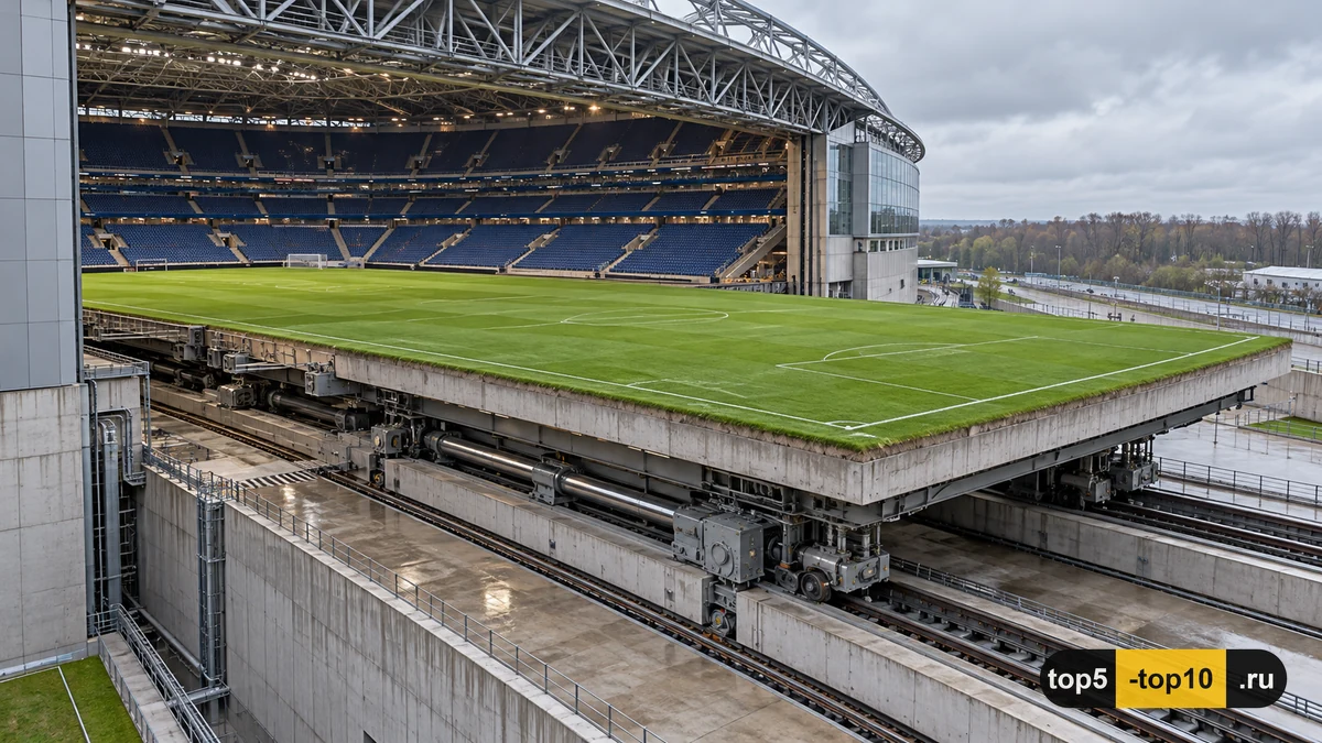 Veltins Arena stadium grass pitch enormous tray moving outside