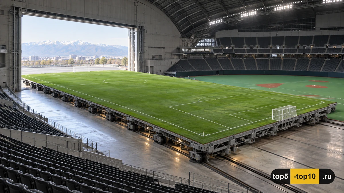Sapporo Dome Japan natural grass football pitch rolling into dome