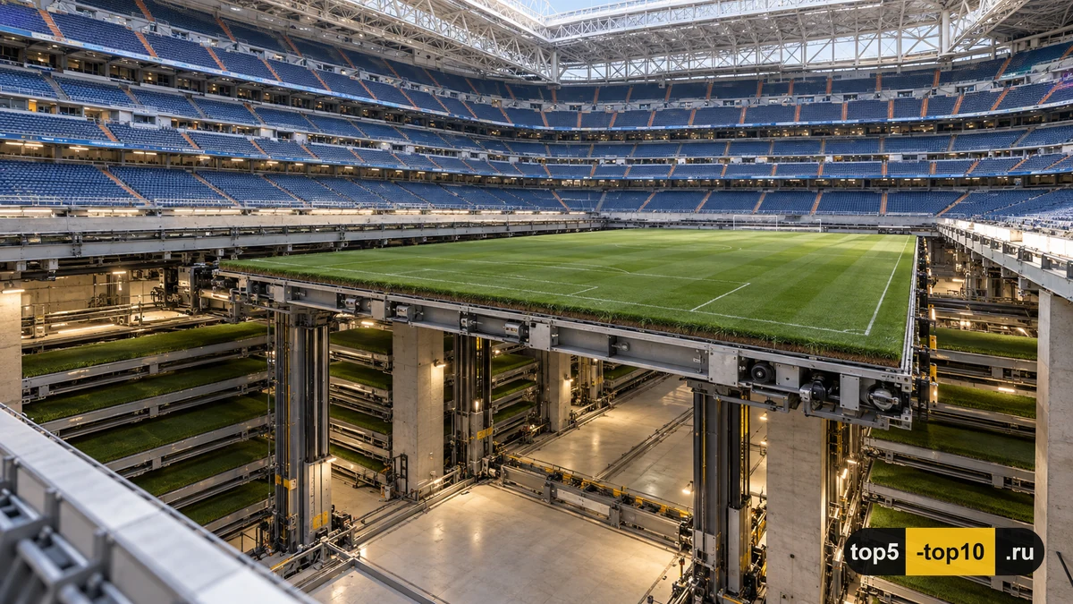Santiago Bernabeu stadium retractable grass pitch descending underground