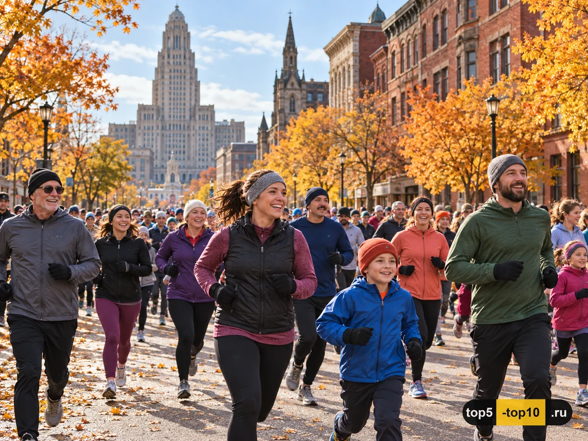 Иллюстрация участников Buffalo YMCA Turkey Trot на осенних улицах Буффало