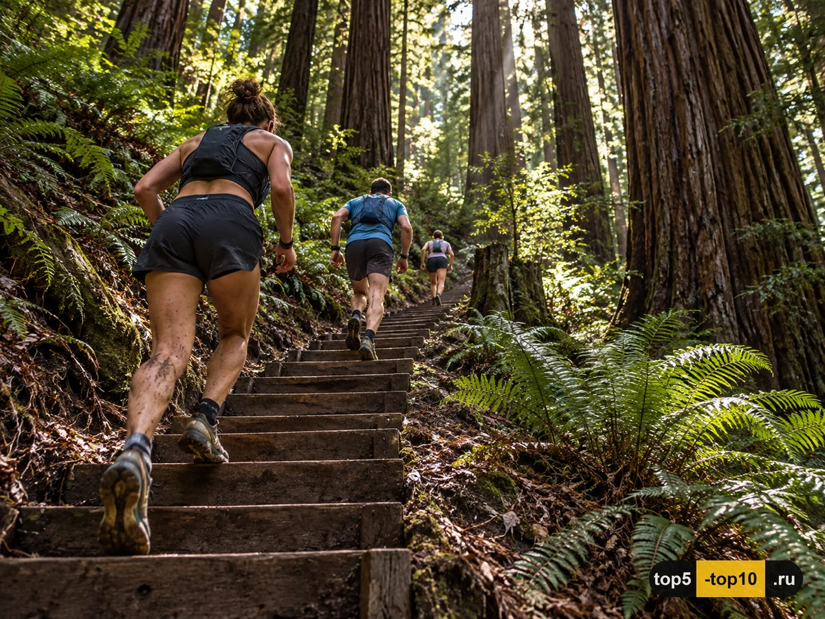 Иллюстрация бегунов Dipsea Race на лестнице среди секвой в Калифорнии