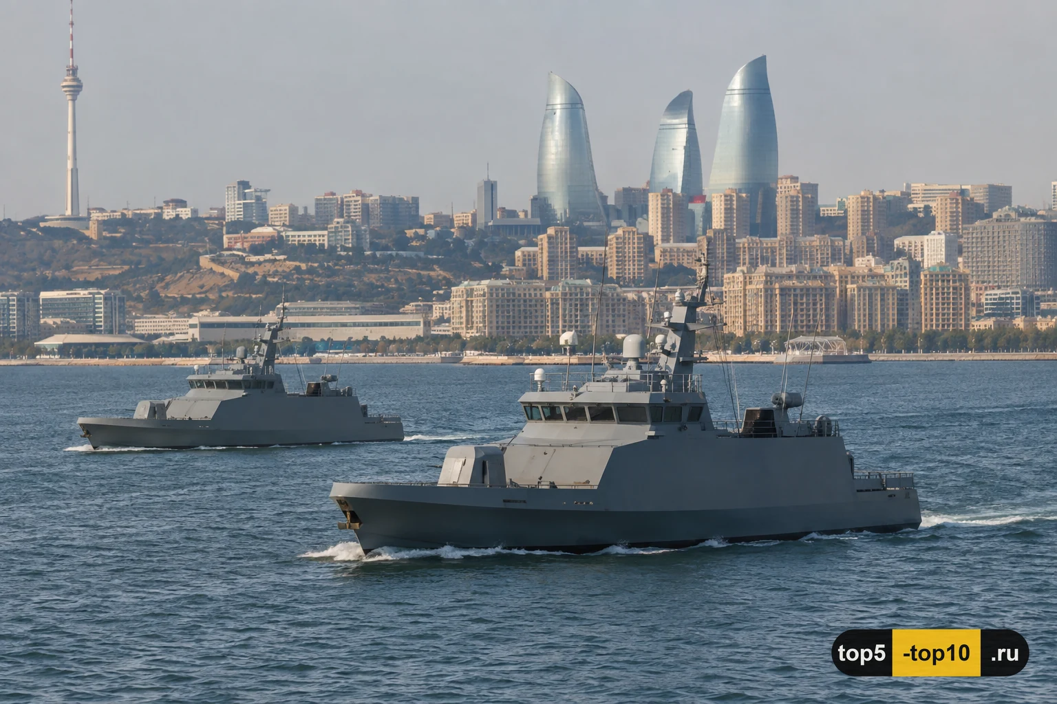 Азербайджанские военно-морские корабли у бакинской бухты на Каспии