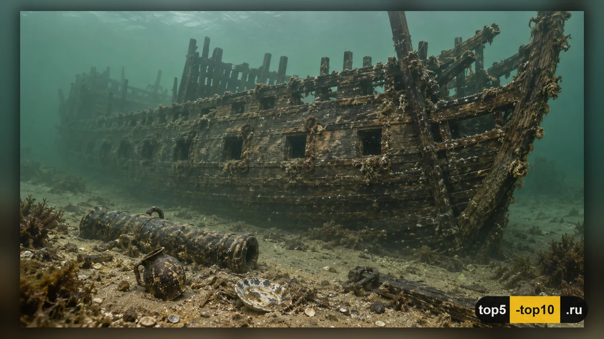Деревянный корпус корабля Mary Rose на морском дне